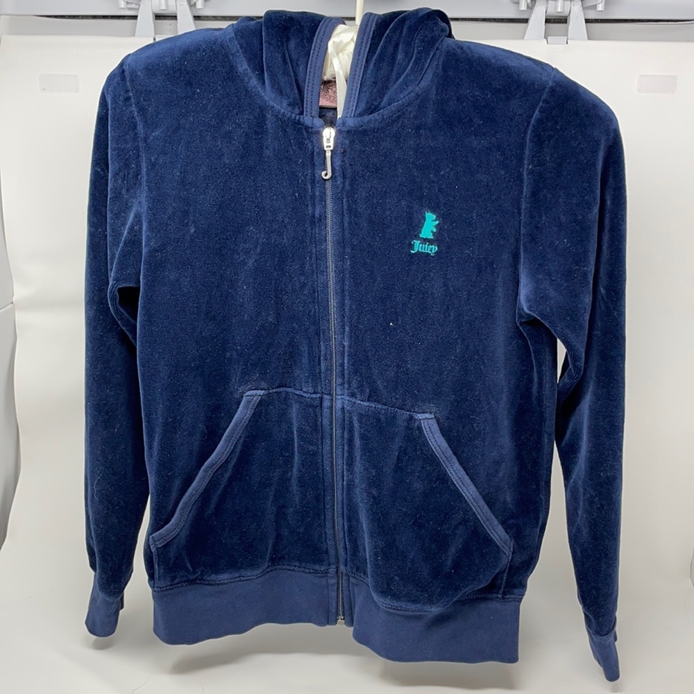 Juicy Couture velour hooded zippered jacket, with pockets. Size 12. EUC.